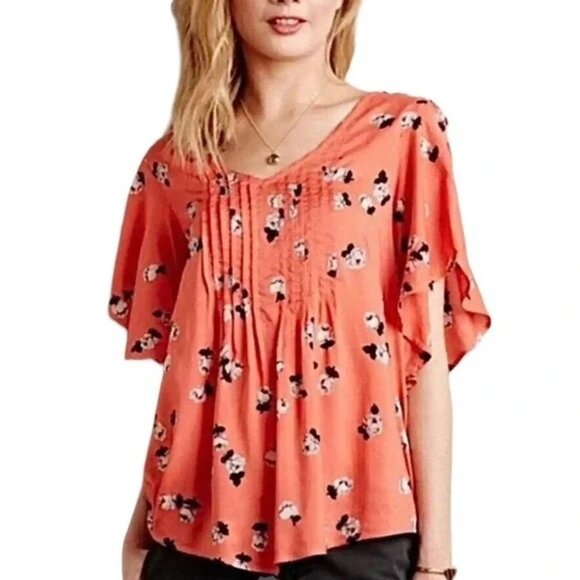 Maeve Maya Tunic Top Size 0 Coral Pink Floral Flutter Sleeve Rayon - Picture 1 of 4
